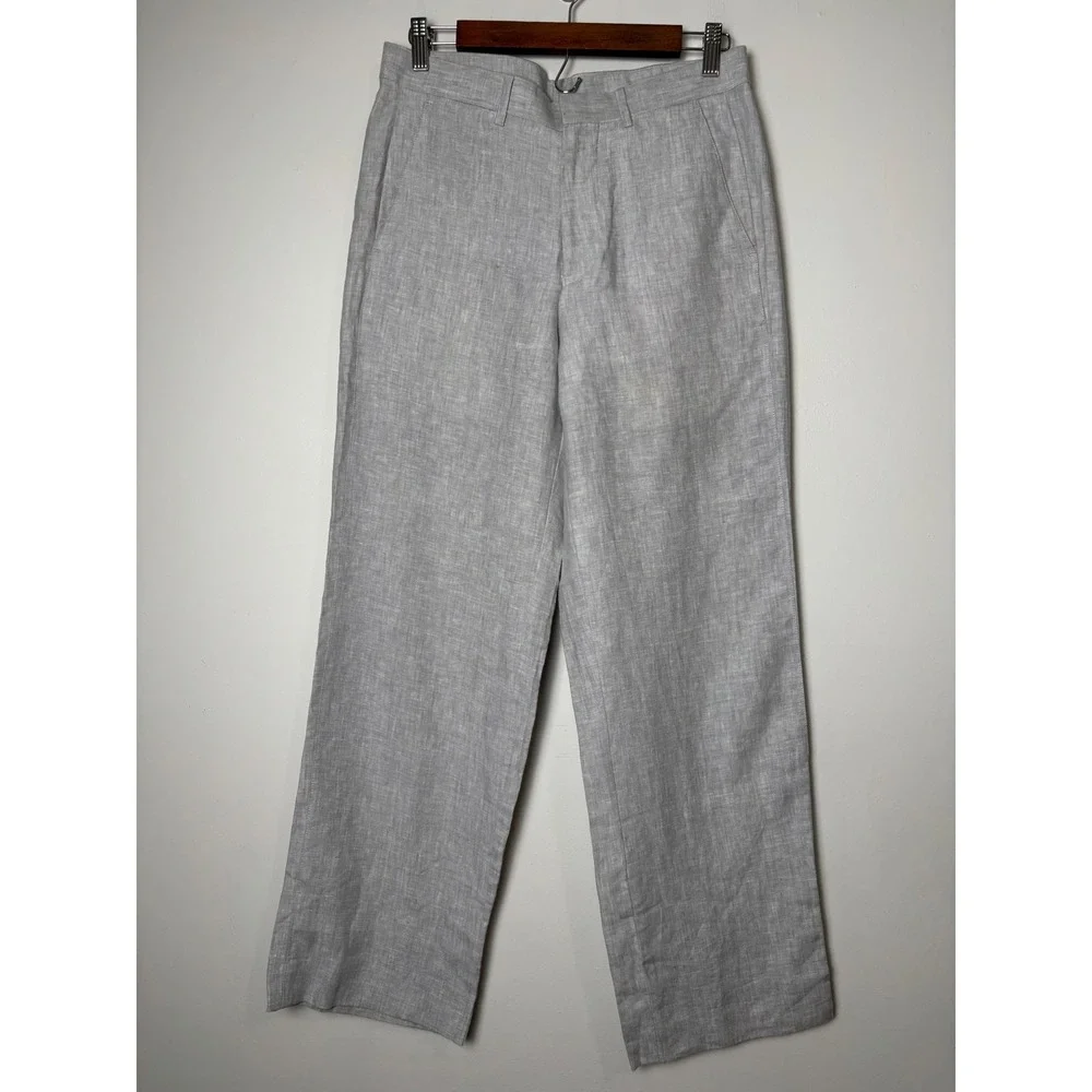 Murano Mens Linen Straight Leg Pants 30X30 Grey Flat Front Coastal Preppy Summer